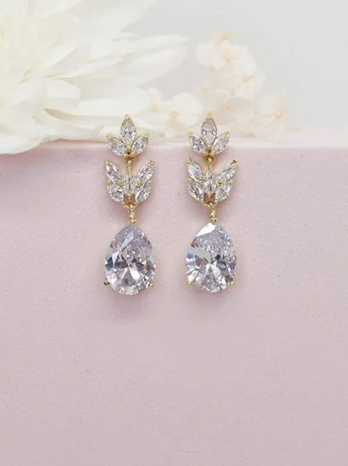 Teardrop wedding earrings in gold setting with crystals