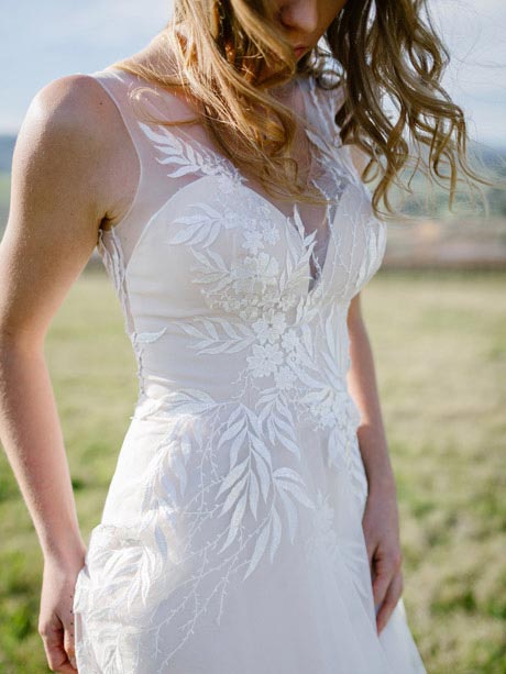 Bodice close up of Erica beach wedding dress
