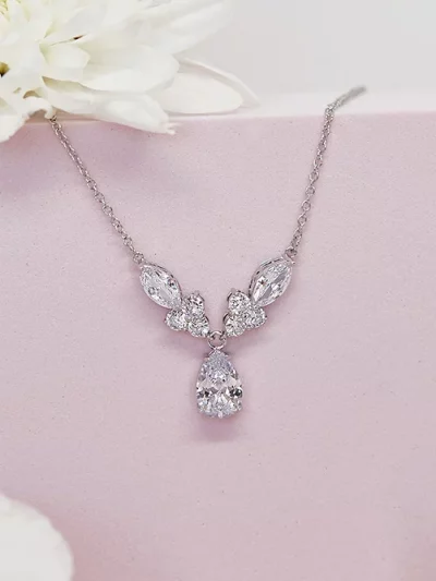 Silver necklace with a crystal drop for brides