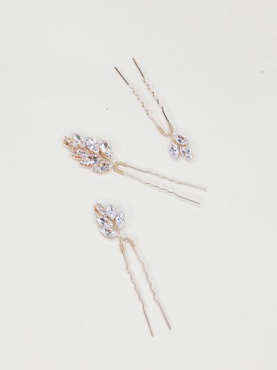 Formal set of three hair pins crystal leaf styling