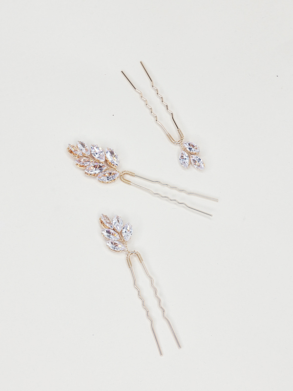Formal set of three hair pins crystal leaf styling