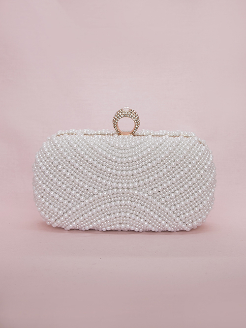 SnS Fashions Cream Pearl Round Bag with Full Embedded Smaller Golden Beads / Pearl Evening Bag / Pearl Potli Bag for Women