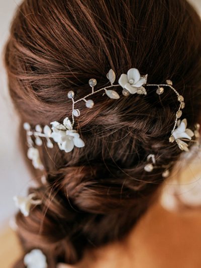 Close up of flower hair decoration worn in hair