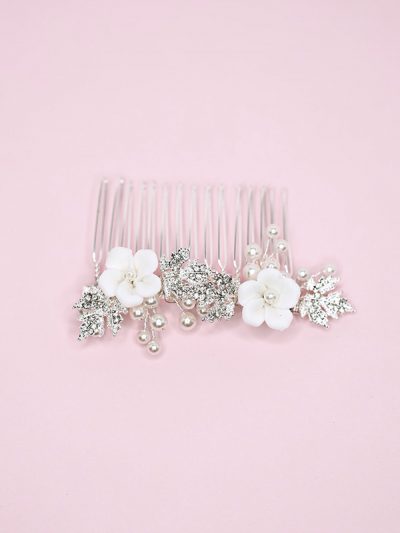 Silver small flower hair comb with pearls and porcelain flowers